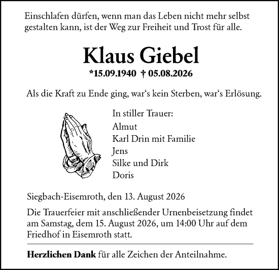 Traueranzeige von Klaus Giebel von Dill Block