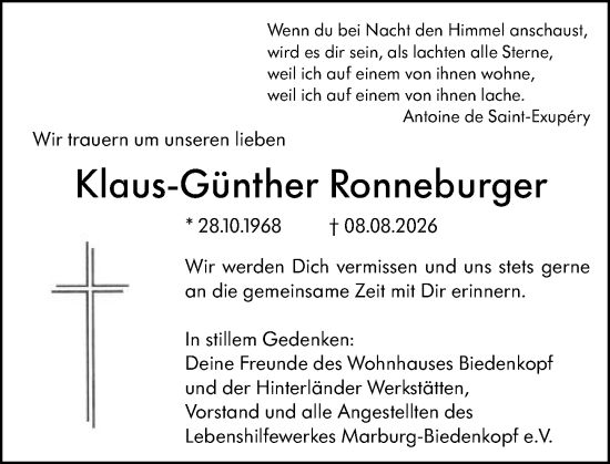 Traueranzeige von Klaus-Günther Ronneburger von Hinterländer Anzeiger