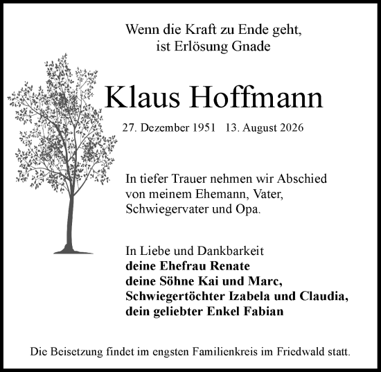 Traueranzeige von Klaus Hoffmann von Rheingau-Taunus-Kreis Wochenblatt