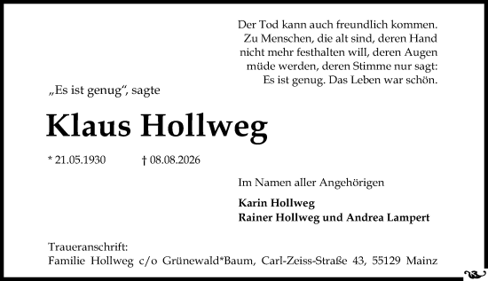 Traueranzeige von Klaus Hollweg von Allgemeine Zeitung Mainz