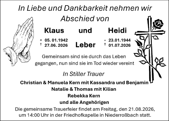 Traueranzeige von Klaus Leber von Dill Block