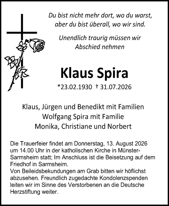 Traueranzeige von Klaus Spira von Allgemeine Zeitung Rheinhessen-Nahe