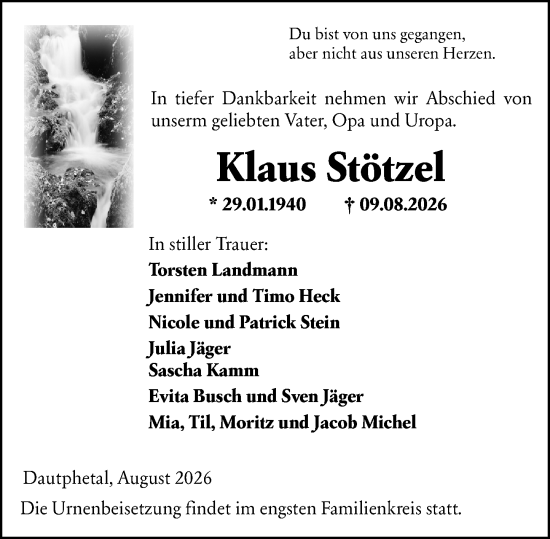 Traueranzeige von Klaus Stötzel von Hinterländer Anzeiger