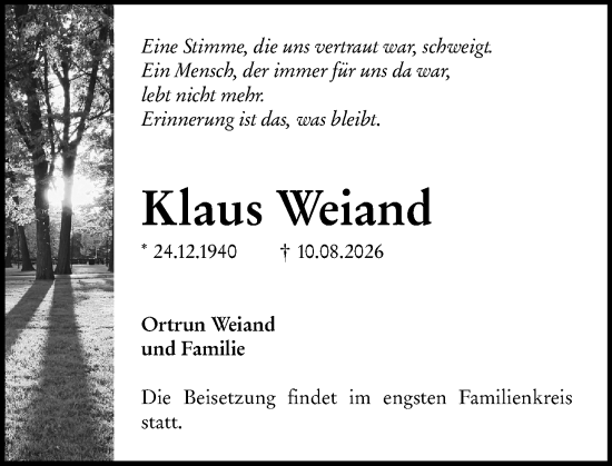 Traueranzeige von Klaus Weiand von Binger-/Ingelheimer Wochenblatt