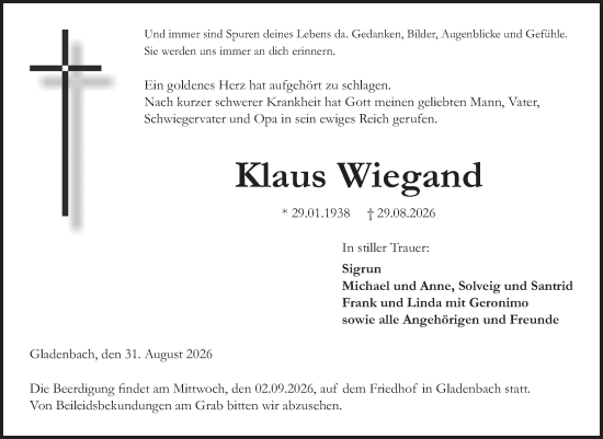 Traueranzeige von Klaus Wiegand von Hinterländer Anzeiger