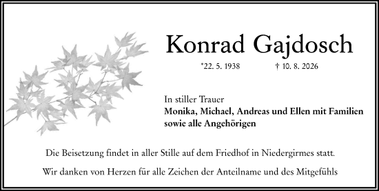 Traueranzeige von Konrad Gajdosch von Wetzlarer Neue Zeitung