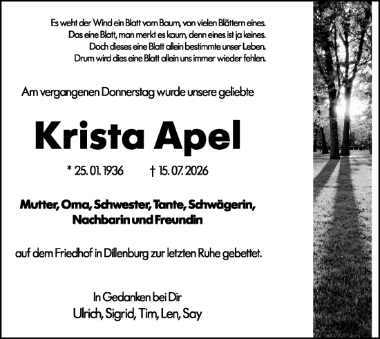Traueranzeige von Krista Apel von Dill Block