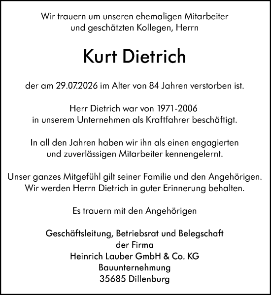 Traueranzeige von Kurt Dietrich von Dill Block