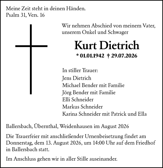 Traueranzeige von Kurt Dietrich von Dill Block