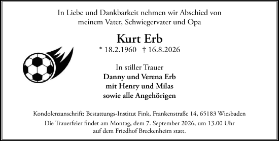 Traueranzeige von Kurt Erb von Wiesbadener Kurier