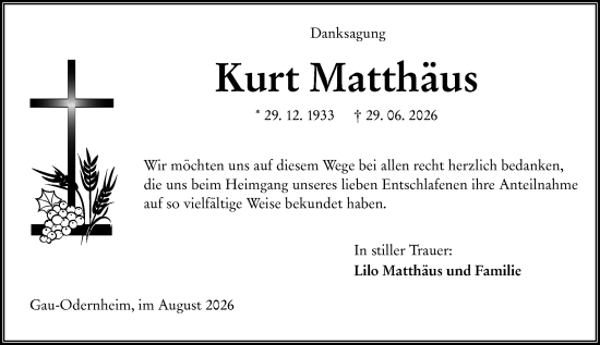 Traueranzeige von Kurt Matthäus von Allgemeine Zeitung Alzey