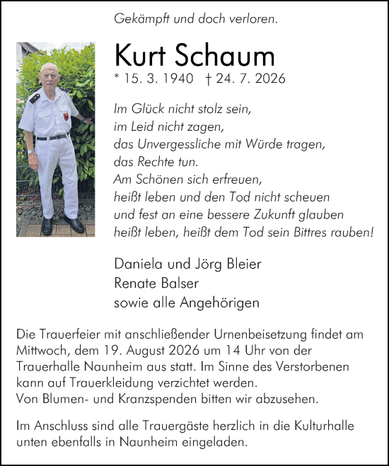 Traueranzeige von Kurt Schaum von Wetzlarer Neue Zeitung