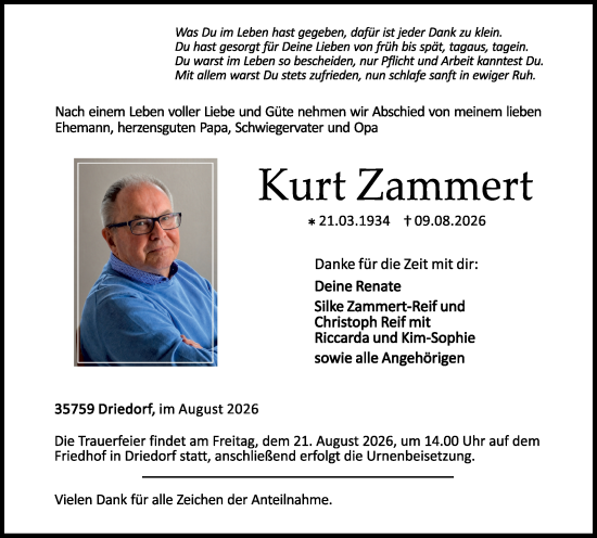 Traueranzeige von Kurt Zammert von Dill Block