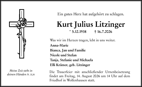 Traueranzeige von Kurt Julius Litzinger von Weilburger Tageblatt