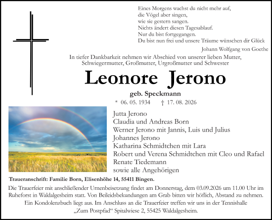 Traueranzeige von Leonore Jerono von Allgemeine Zeitung Rheinhessen-Nahe