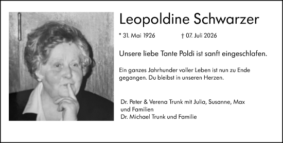Traueranzeige von Leopoldine Schwarzer von Weilburger Tageblatt