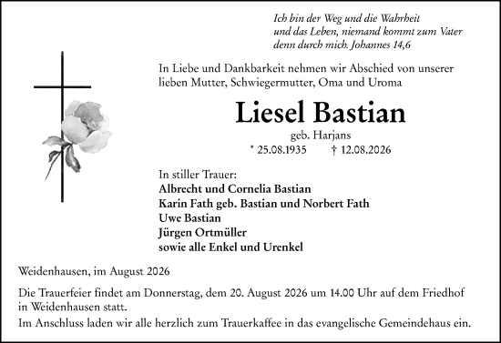 Traueranzeige von Liesel Bastian von Hinterländer Anzeiger