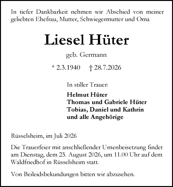 Traueranzeige von Liesel Hüter von Rüsselsheimer Echo