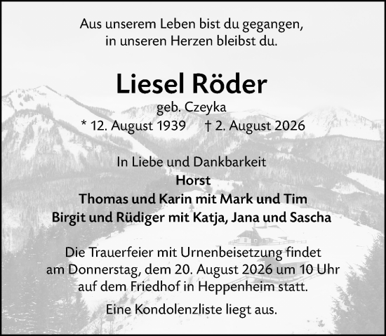 Traueranzeige von Liesel Röder von Starkenburger Echo