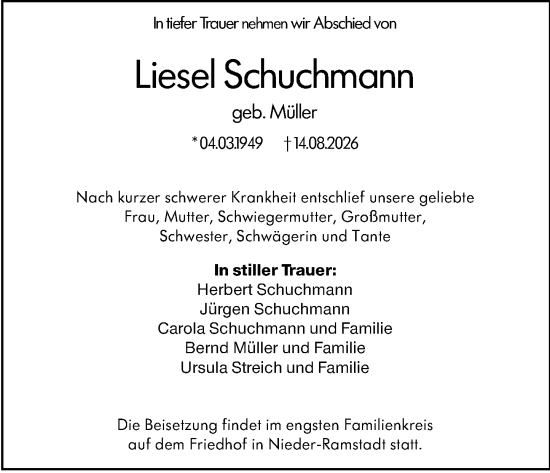 Traueranzeige von Liesel Schuchmann von Darmstädter Echo