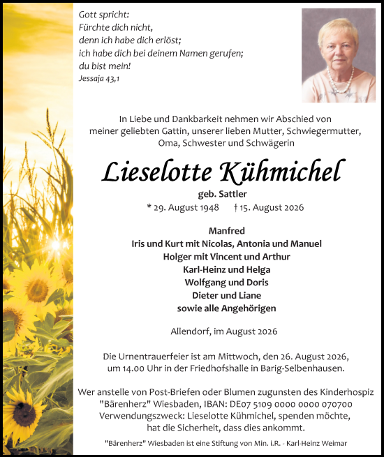 Traueranzeige von Lieselotte Kühmichel von Weilburger Tageblatt