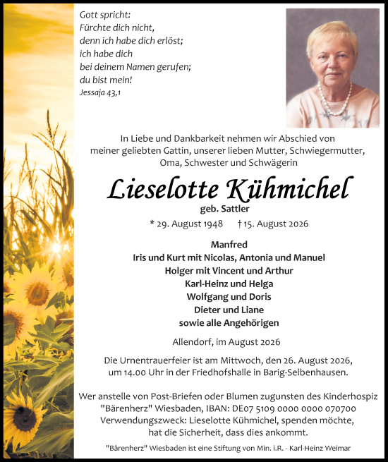 Traueranzeige von Lieselotte Kühmichel von Weilburger Tageblatt