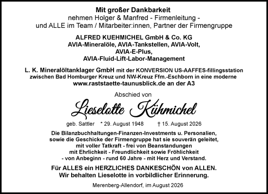 Traueranzeige von Lieselotte Kühmichel von Weilburger Tageblatt