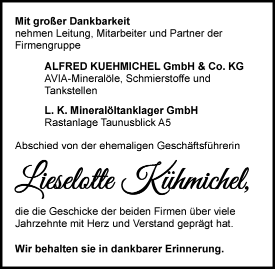 Traueranzeige von Lieselotte Kühmichel von Weilburger Tageblatt