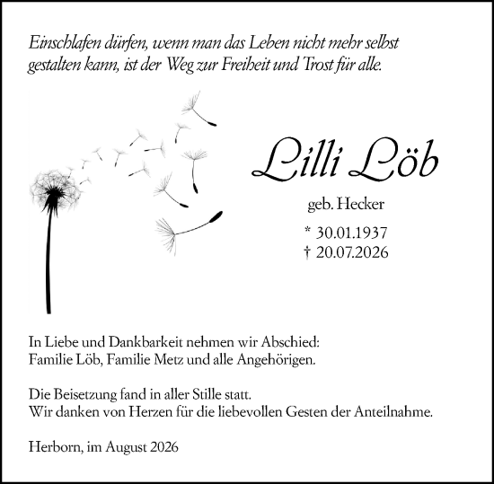 Traueranzeige von Lilli Löb von Dill Block