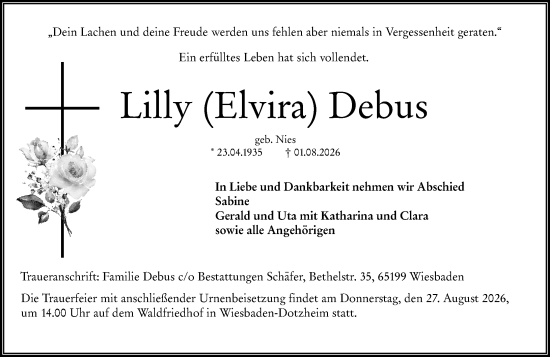 Traueranzeige von Lilly (Elvira) Debus von Wiesbadener Kurier