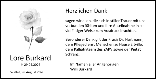 Traueranzeige von Lore Burkard von Rheingau Kurier