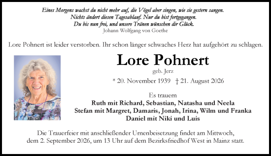 Traueranzeige von Lore Pohnert von Allgemeine Zeitung Mainz