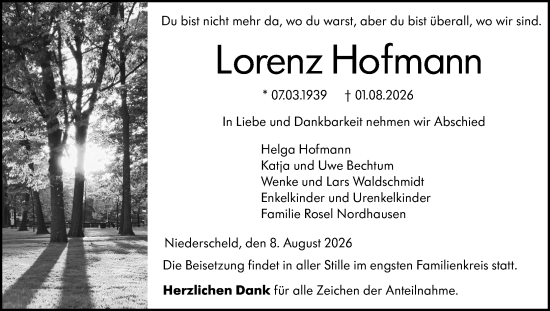 Traueranzeige von Lorenz Hofmann von Dill Block