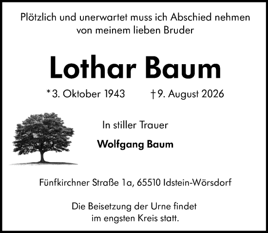 Traueranzeige von Lothar Baum von Idsteiner Land/Untertaunus