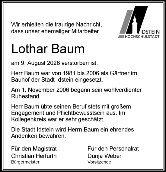 Traueranzeige von Lothar Baum von Idsteiner Land/Untertaunus