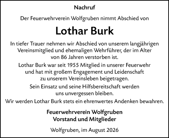 Traueranzeige von Lothar Burk von Hinterländer Anzeiger