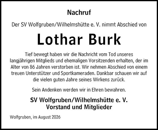 Traueranzeige von Lothar Burk von Hinterländer Anzeiger