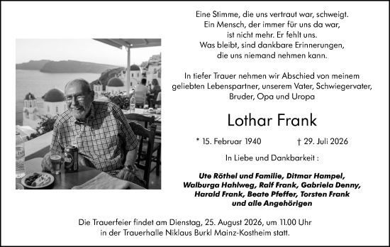 Traueranzeige von Lothar Frank von Allgemeine Zeitung Mainz
