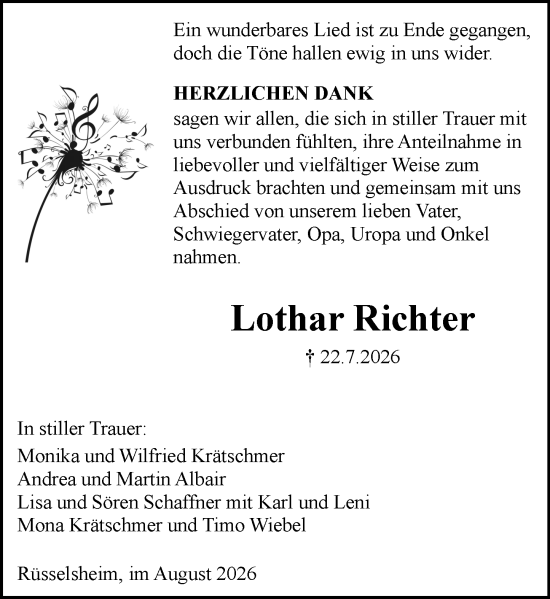 Traueranzeige von Lothar Richter von Rüsselsheimer Echo