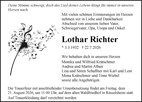 Traueranzeige von Lothar Richter von Rüsselsheimer Echo