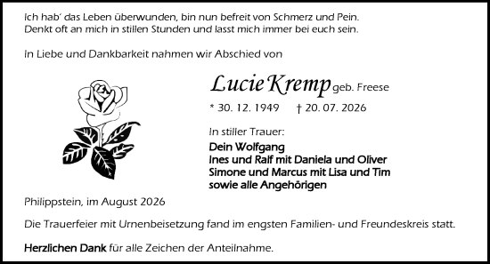 Traueranzeige von Lucie Kremp von Wetzlarer Neue Zeitung
