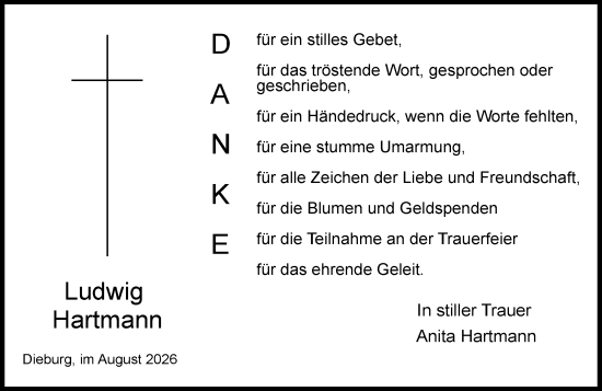 Traueranzeige von Ludwig Hartmann von Dieburger Anzeiger/Groß-Zimmerner Lokal-Anzeiger
