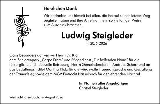 Traueranzeige von Ludwig Steigleder von Camberger Anzeiger