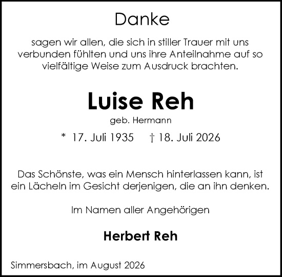 Traueranzeige von Luise Reh von Dill Block
