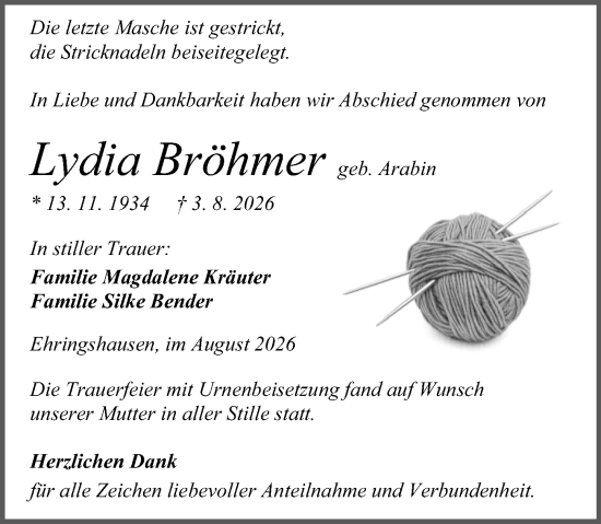 Traueranzeige von Lydia Bröhmer von Wetzlarer Neue Zeitung