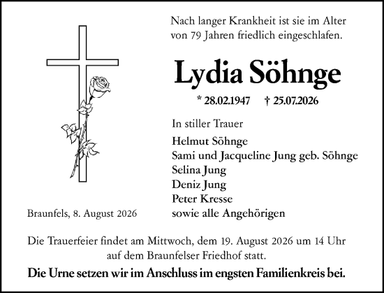Traueranzeige von Lydia Söhnge von Wetzlarer Neue Zeitung