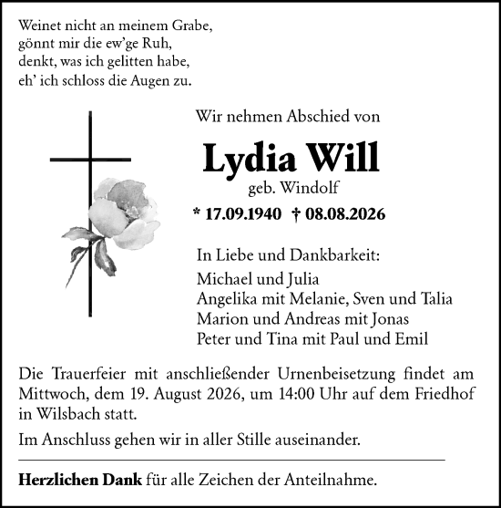 Traueranzeige von Lydia Will von Wetzlarer Neue Zeitung