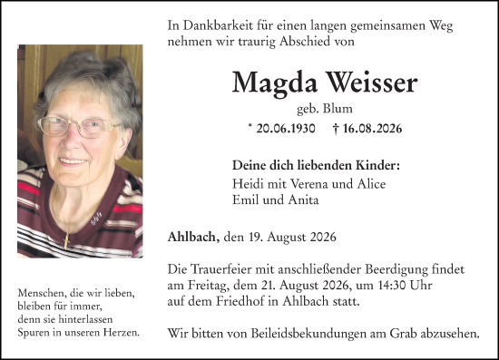 Traueranzeige von Magda Weisser von Nassauische Neue Presse