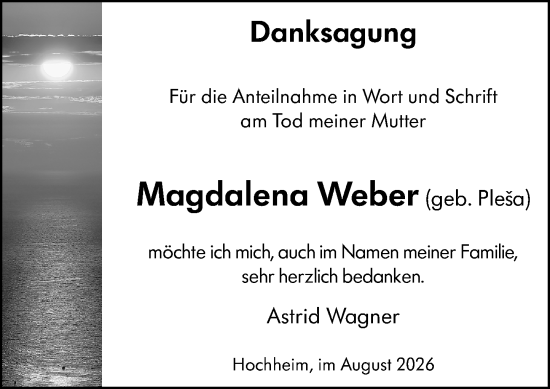 Traueranzeige von Magdalena Weber von Hochheimer Zeitung