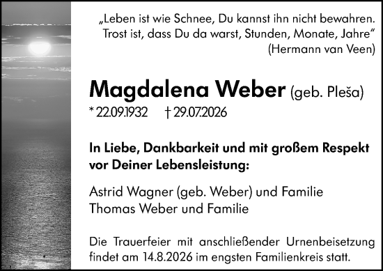 Traueranzeige von Magdalena Weber von Hochheimer Zeitung
